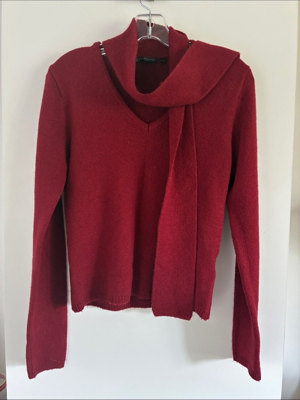 RDI Red V-Neck Sweater with Attached Scarf cranberry raspberry